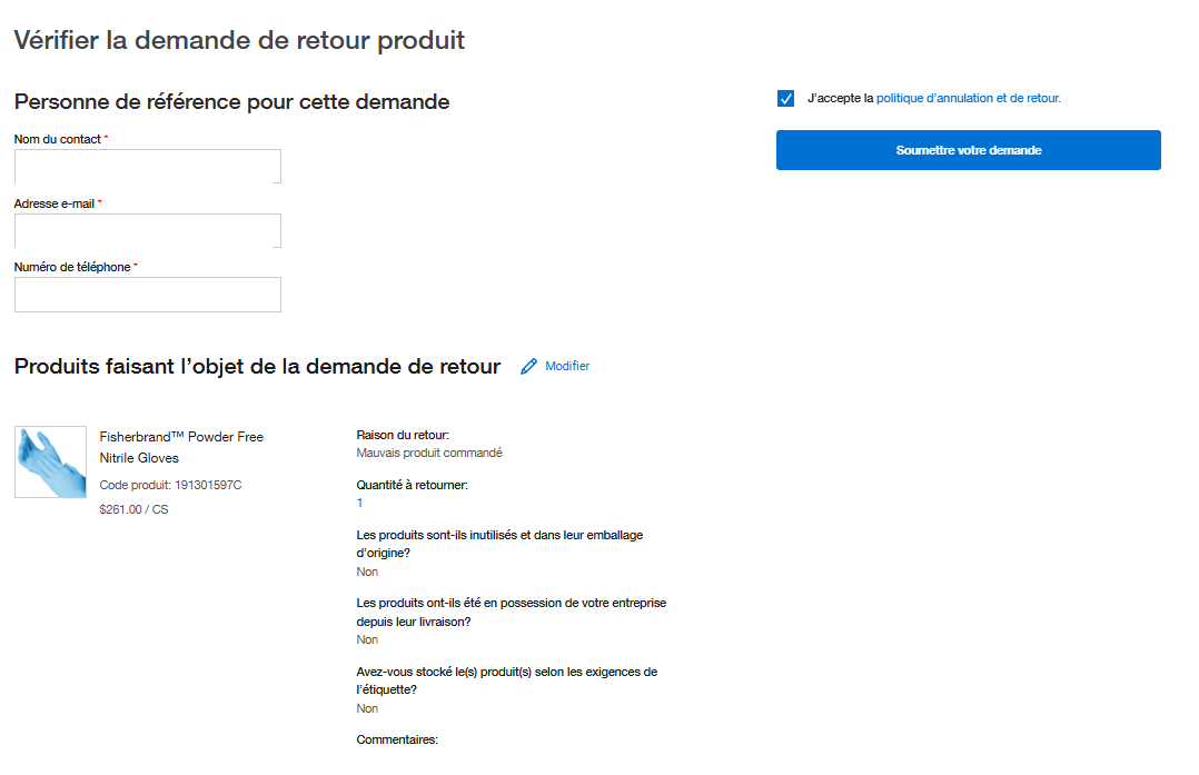 Product Return Request Confirmation page on Fisher Scientific's website confirming the return request. Includes order information, contact details, and product return details. 'Continue Shopping' button is present.
