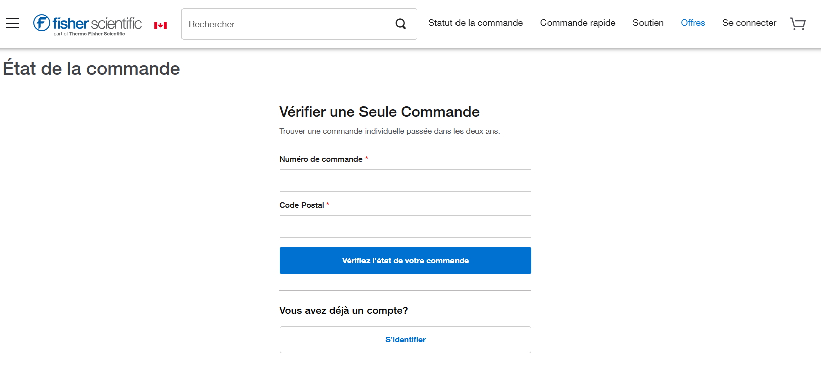 Order Status page on Fisher Scientific's website for checking a single order. Includes input fields for order number and zip code, and a button to check order status. Sign In option is available.