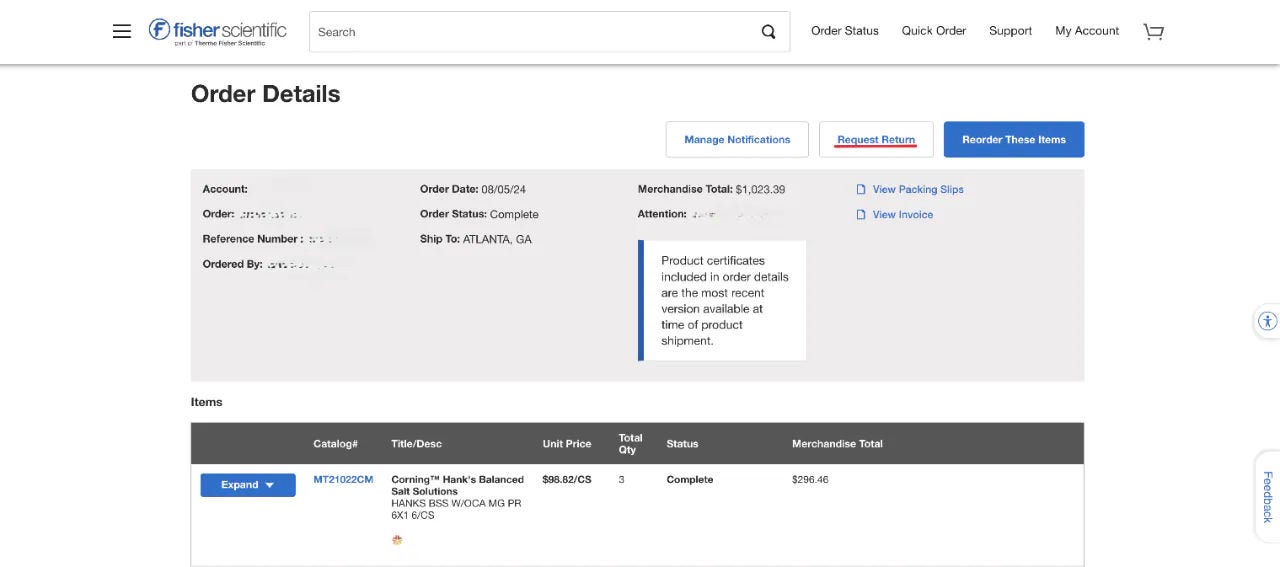 Order Details page on Fisher Scientific's website with order information and options to manage notifications, request a return, and reorder items. Includes a table with item details.